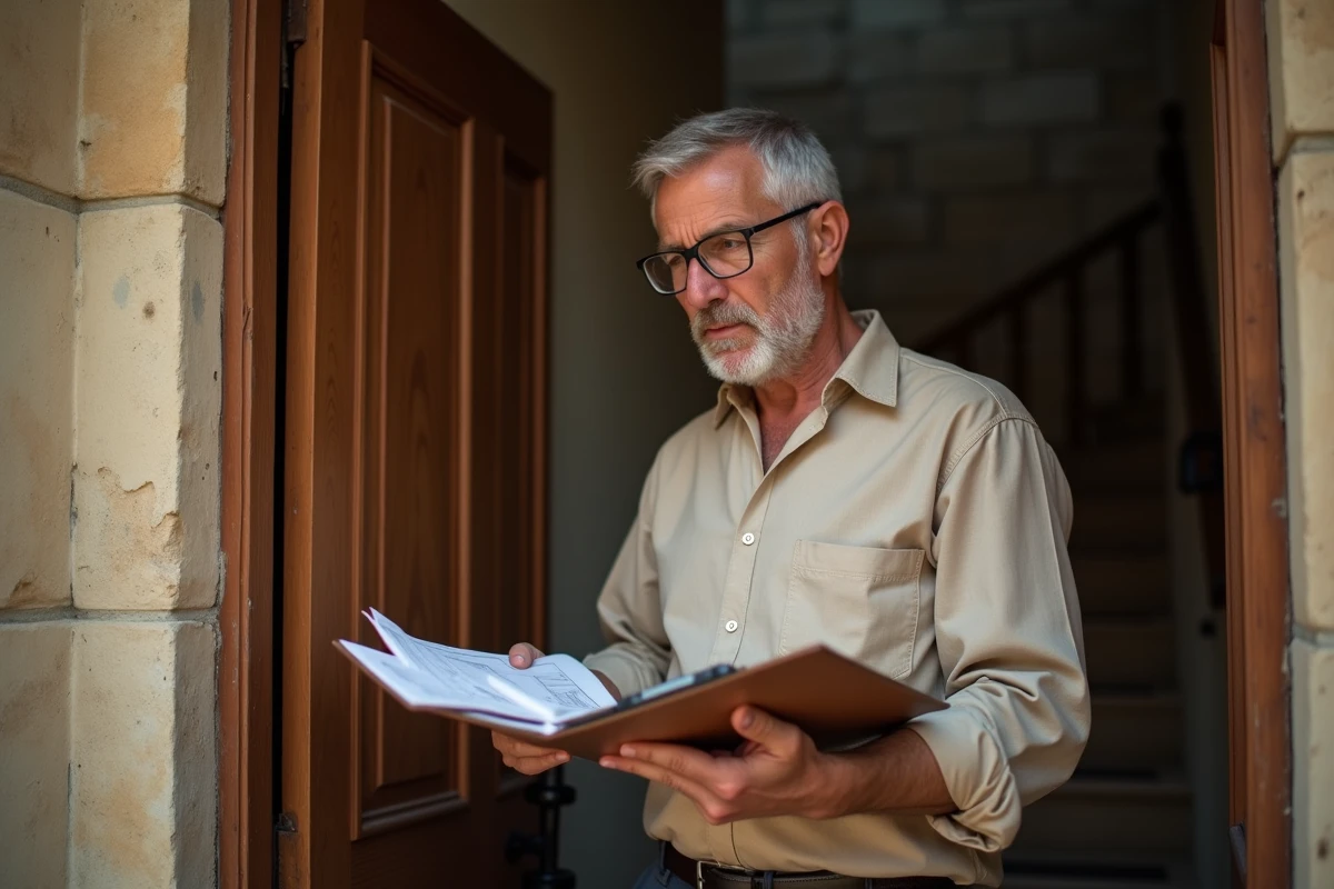Propriétaire quinquagénaire inspectant une ancienne porte en bois dans la cage d'escalier d'un immeuble historique