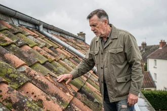 Propriétaire inspecte une toiture endommagée avec des tuiles moussues et corrodées, erreurs courantes de toiture javel