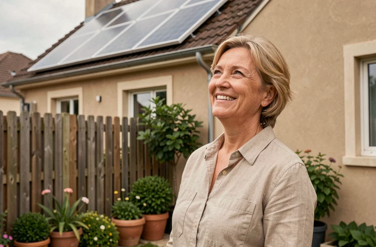 Propriétaire satisfaite devant sa maison équipée de panneaux solaires monocristallins