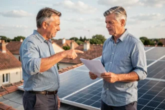 Propriétaire sur un toit résidentiel pointant des panneaux solaires installés, tenant un document de financement éco-PTZ