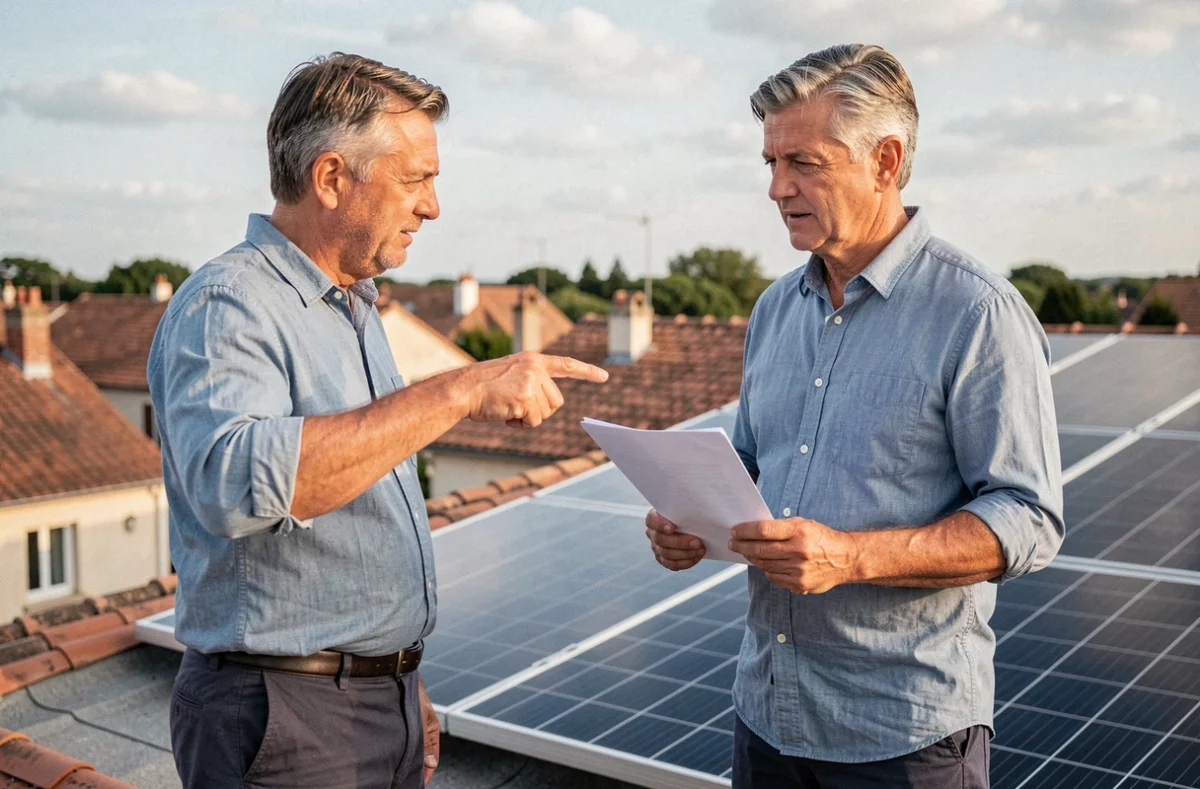 Propriétaire sur un toit résidentiel pointant des panneaux solaires installés, tenant un document de financement éco-PTZ