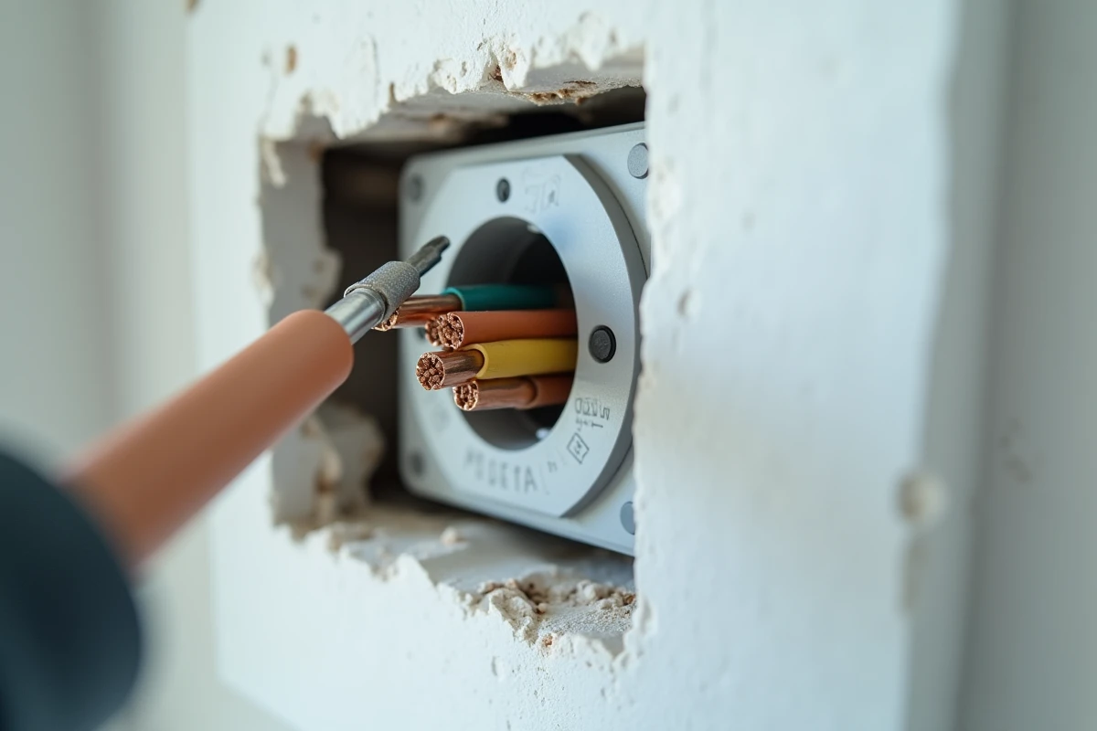 Câbles électriques dénudés en cours de raccordement sur une prise murale en installation domestique