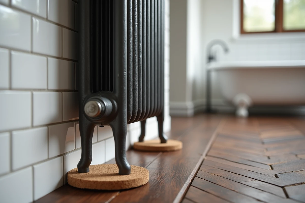 Radiateur fonte ancien sur pieds isolants en liège protégeant un parquet en noyer dans une salle de bain