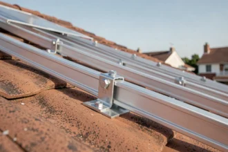 Gros plan sur un rail de montage en aluminium pour panneau solaire fixé sur une toiture en tuiles terracotta avec des pinces et boulons visibles