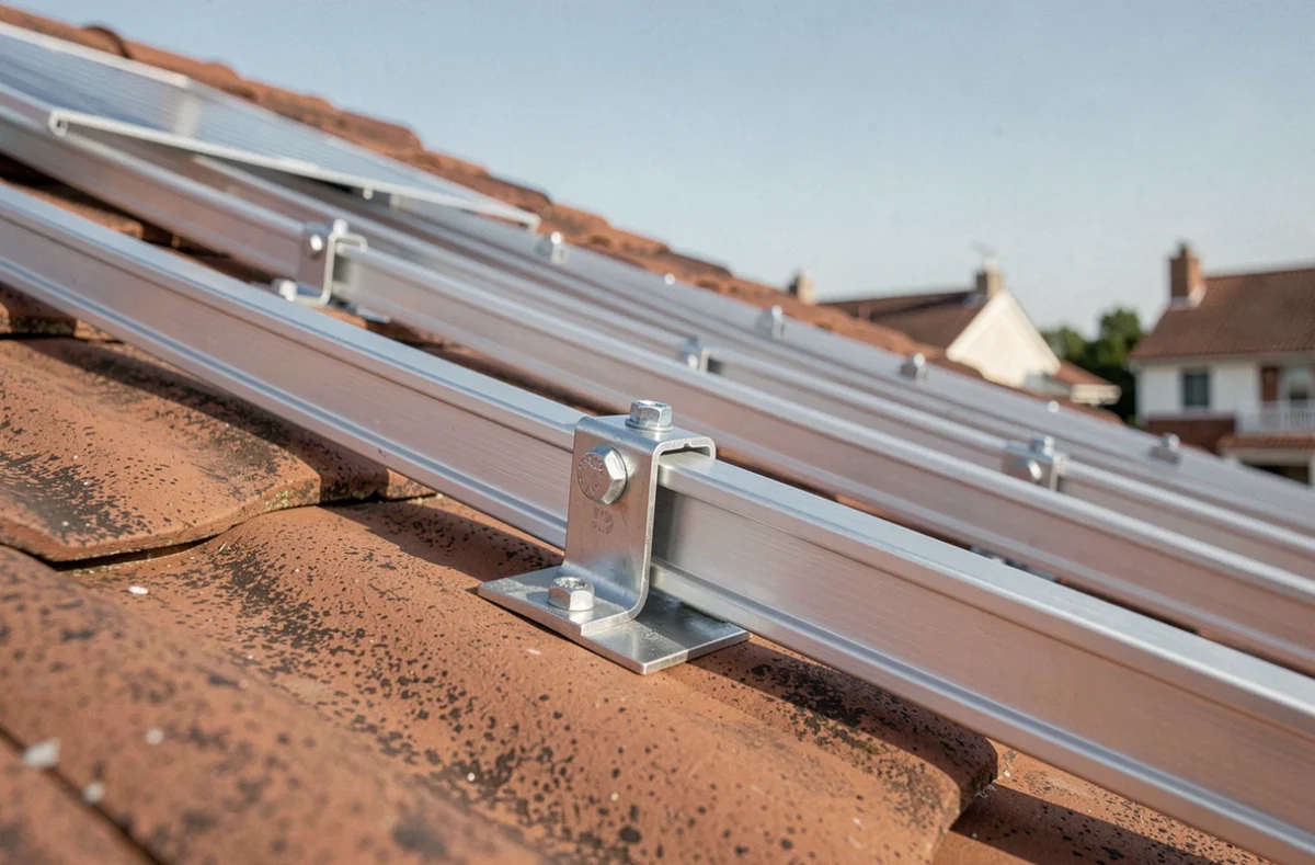 Gros plan sur un rail de montage en aluminium pour panneau solaire fixé sur une toiture en tuiles terracotta avec des pinces et boulons visibles