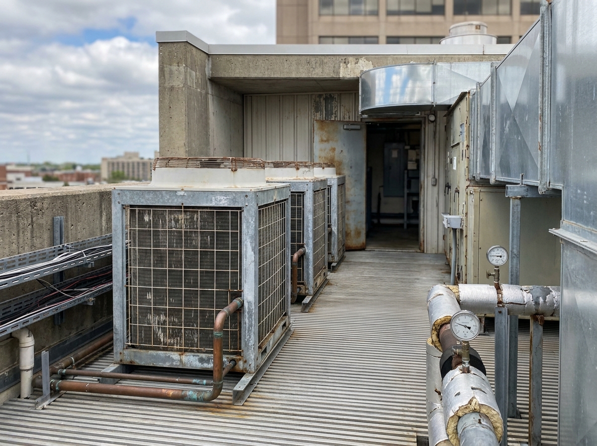 Rangée d'aérocondenseurs industriels sur un pont de toiture commercial avec tuyauterie cuivre et cadre en acier galvanisé