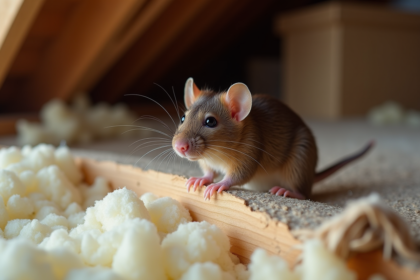 Jeune rat brun sur isolation dans un grenier