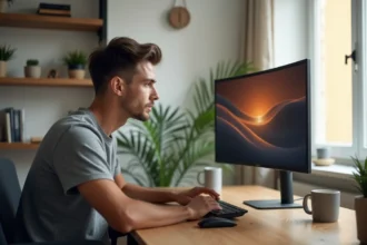 Homme ajustant la température de couleur d'un écran gaming pour réduire la fatigue visuelle dans un bureau à domicile