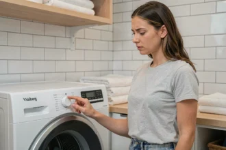 Femme réglant le programme d'une machine à laver Valberg dans une buanderie moderne