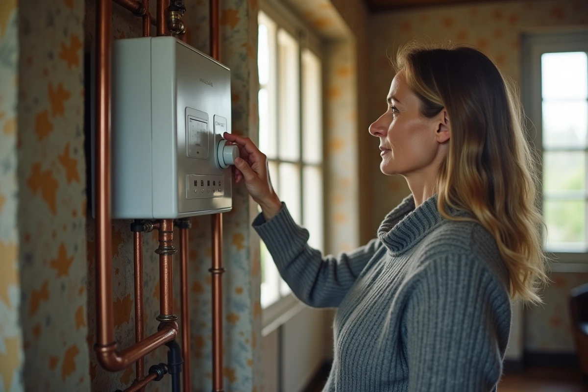Propriétaire réglant le thermostat d'une chaudière électrique dans une maison ancienne peu isolée