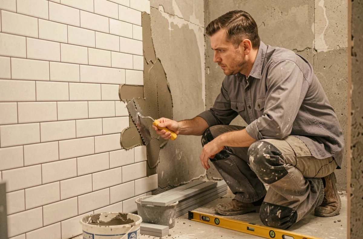 Artisan carreleur de RENOV'LA appliquant du mortier-colle sur un mur de salle de bain en rénovation
