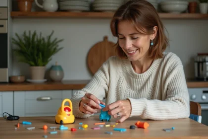 Femme répare un jouet en plastique dans la cuisine