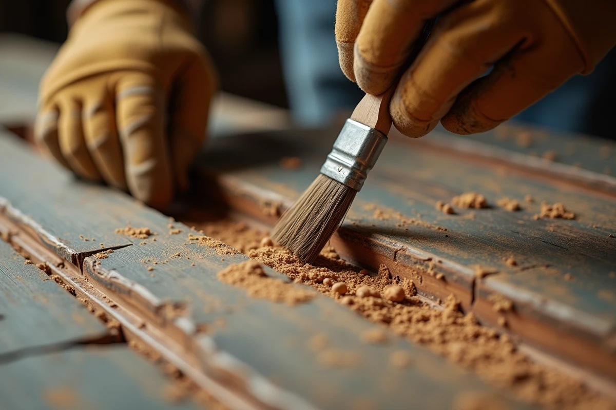 Gros plan sur la restauration d'une ancienne porte en bois avec application de consolidant par un artisan