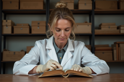 Conservatrice examinant un vieux livre en restauration