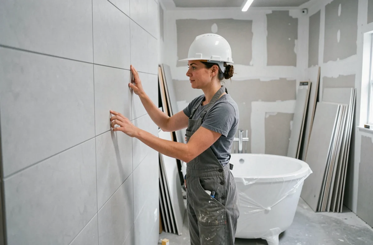 Carreleur de Rhodanienne de Carrelage alignant des carreaux muraux grand format dans une salle de bain contemporaine