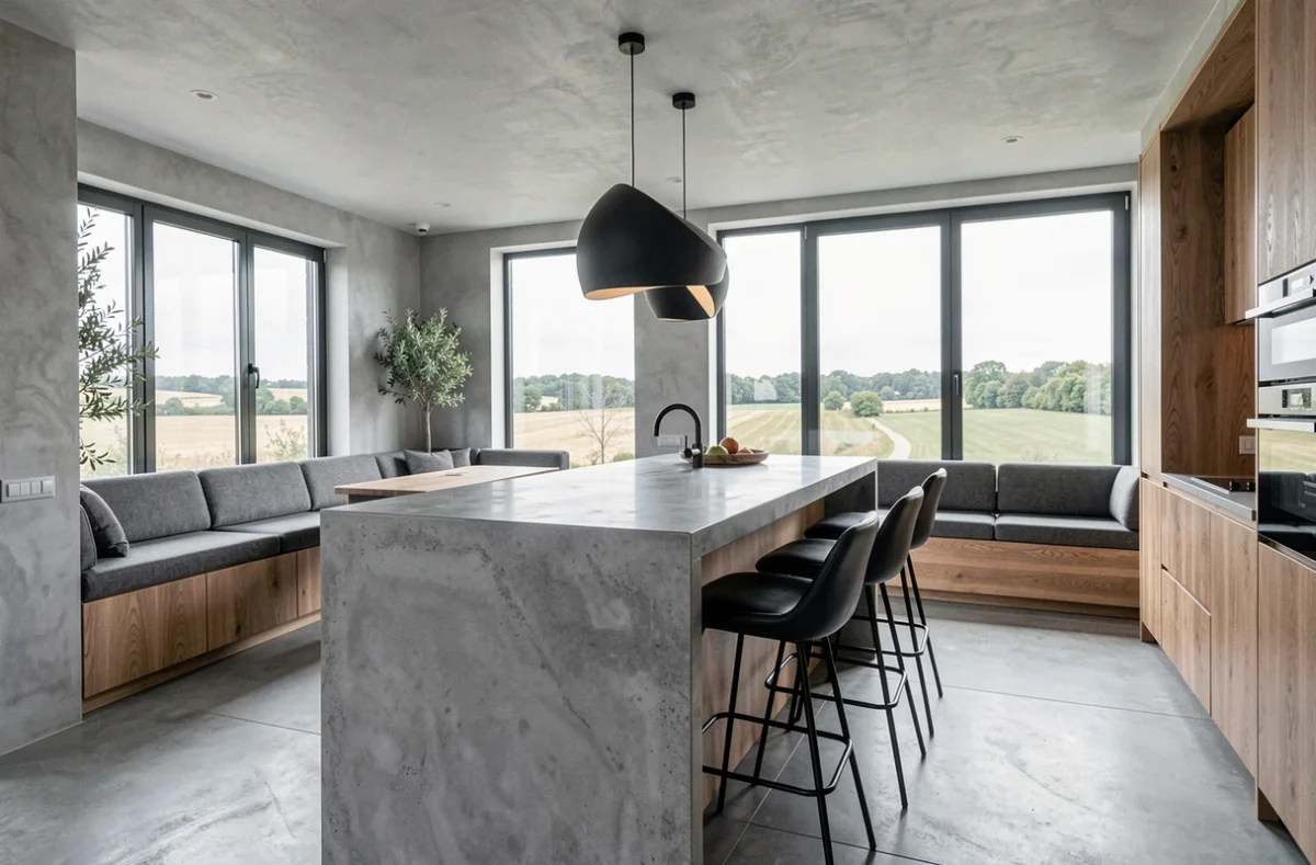 Intérieur contemporain conçu par Romain Carretero dans la Loire avec cuisine ouverte et vue sur la campagne