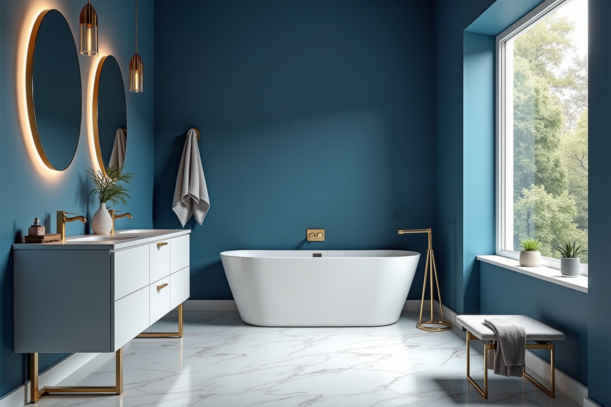 Salle de bain élégante avec mur bleu et accents dorés
