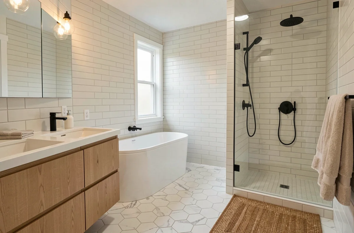 Salle de bain familiale de 6 à 8 m² avec baignoire encastrée, double vasque en chêne et douche séparée représentant une taille moyenne idéale