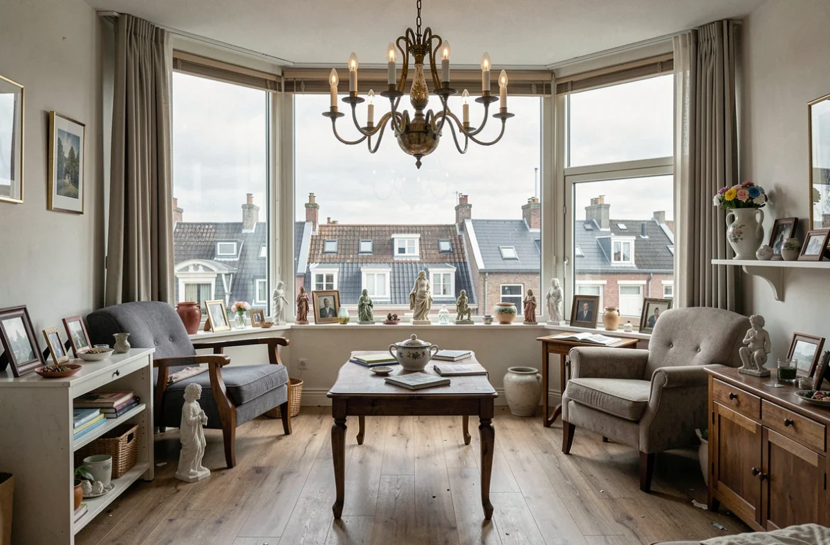 Salon compact avec baie vitrée encombrée par un lustre trop bas et des objets décoratifs sur le rebord de fenêtre, erreurs d'aménagement fréquentes