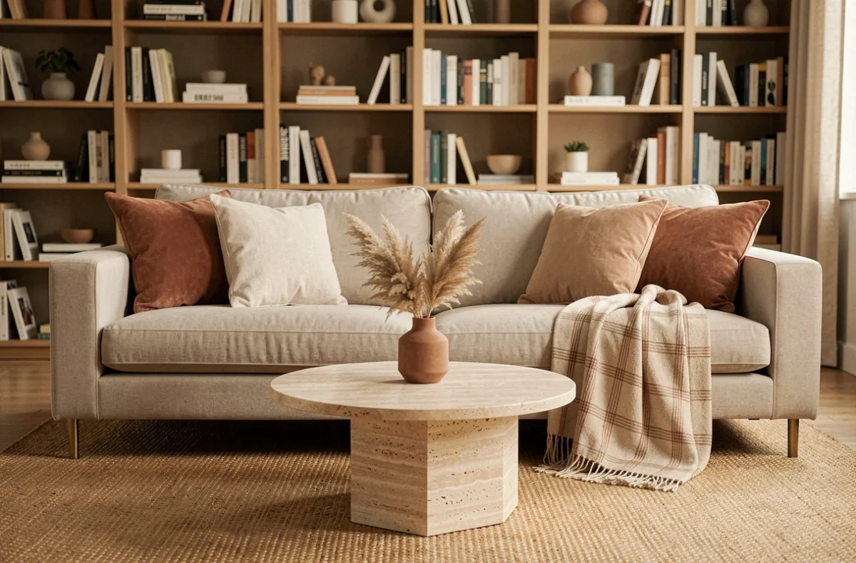Vue d'ensemble d'un salon moderne et chaleureux avec canapé beige, plaid douillet et décorations en matières naturelles