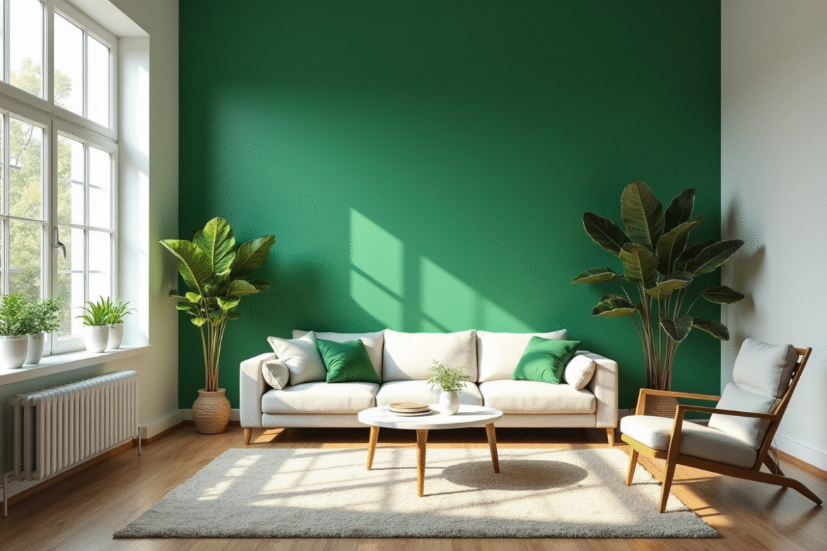 Salon moderne avec mur vert emeraude lumineux
