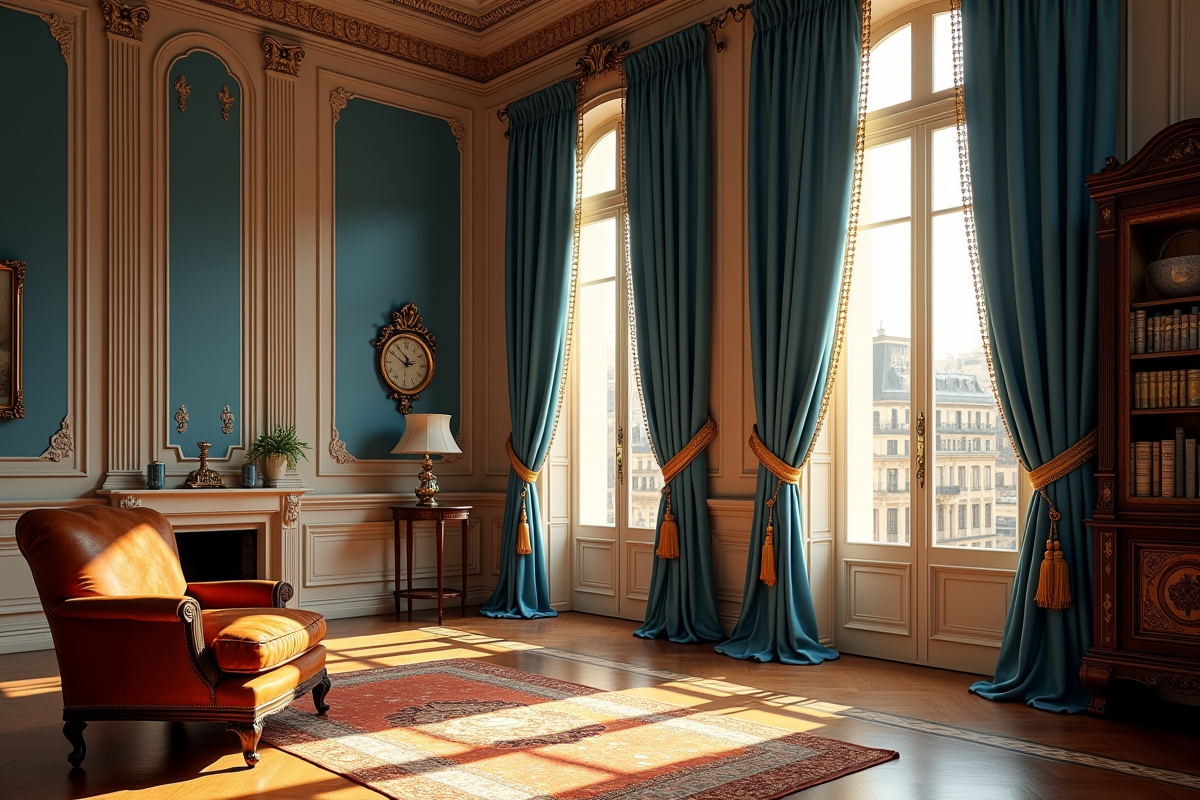 Salon parisien classique avec rideaux bleus et ambiance cozy