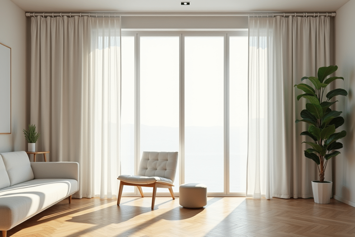 Salon moderne avec rideaux blancs en lin et lumière naturelle