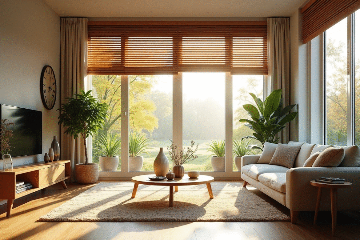 Salon moderne avec stores en bois et plantes vertes