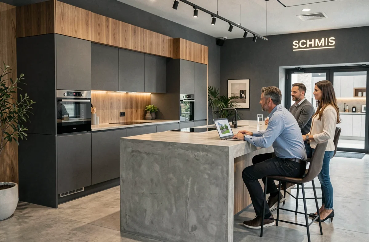 Spécialiste Schmidt Lyon présentant une simulation 3D d'une cuisine anthracite et chêne