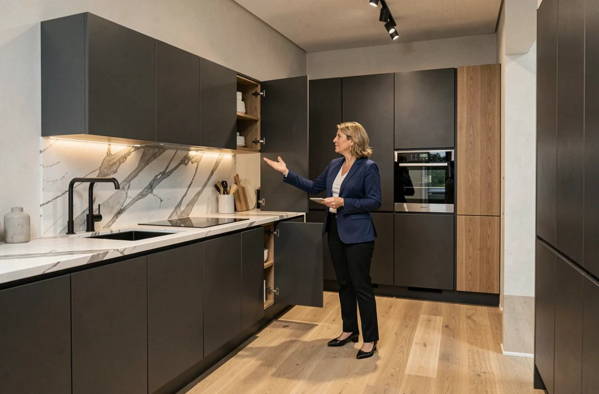 Consultante chez Schott Cuisines à Lyon présentant un modèle de cuisine haut de gamme