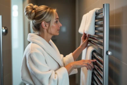 Femme examinant un sèche-serviettes électrique moderne