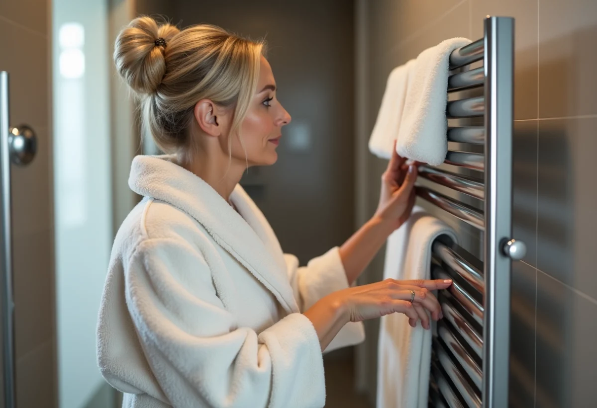 Femme examinant un sèche-serviettes électrique moderne