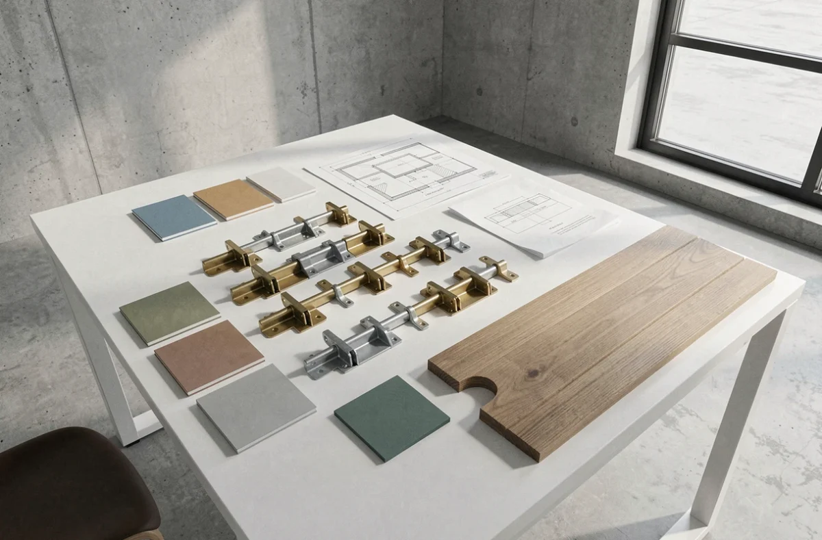 Sélection de gonds de différents matériaux posés sur un bureau d'architecte avec des plans et des échantillons de bois