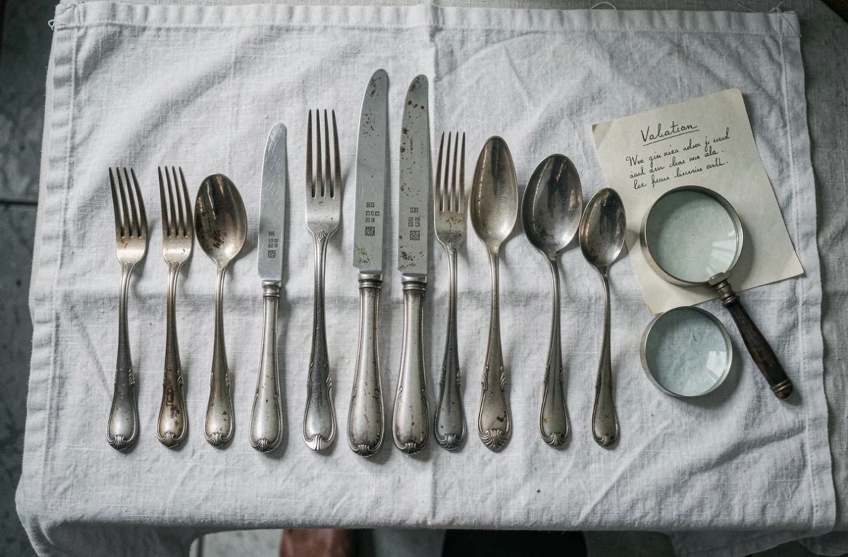 Vue aérienne d'un service de couverts en argent ancien avec poinçons et note d'expertise sur lin blanc