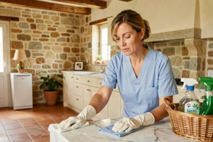 Employée de ménage professionnelle nettoyant un plan de travail en marbre dans une maison de style provençal à Avignon