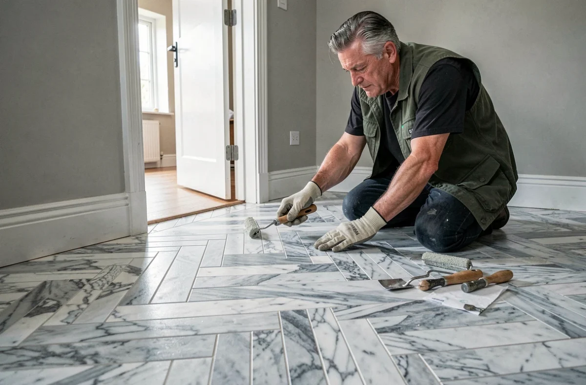 Artisan carreleur Simon Carrelages jointoyant un sol en marbre en chevron dans un appartement haut de gamme