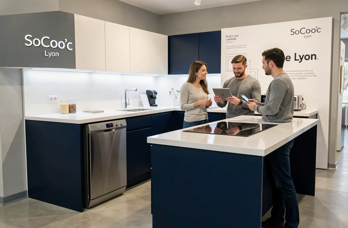 Couple en consultation chez SoCoo'c Lyon pour une cuisine bleu marine moderne