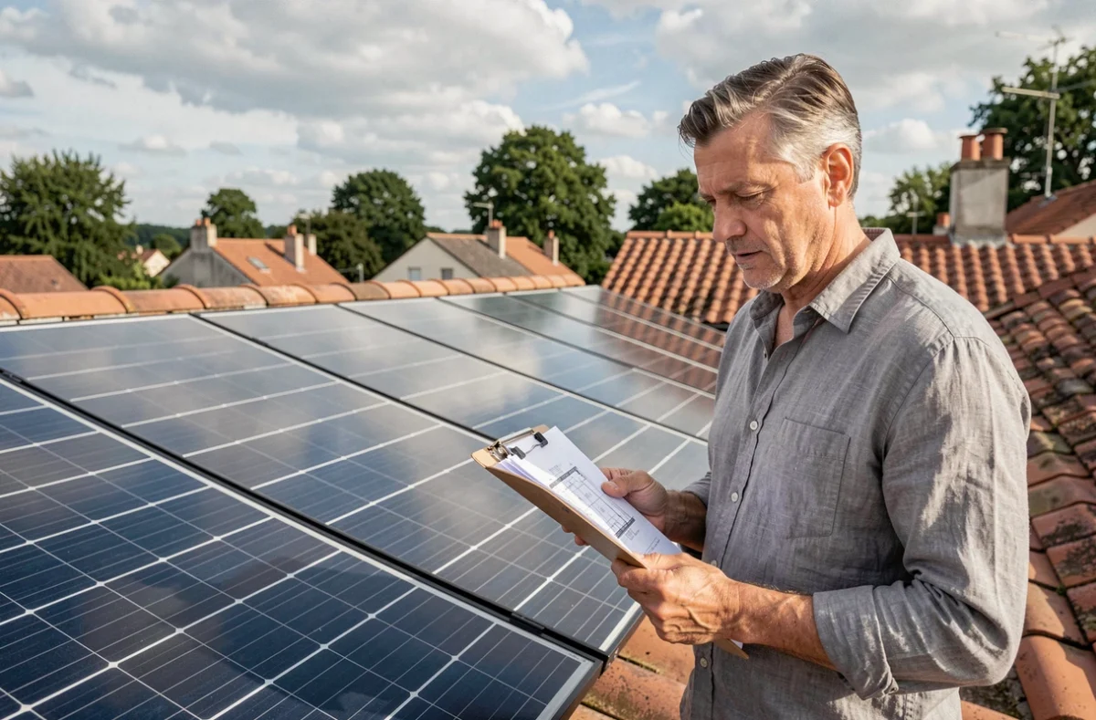 Propriétaire examinant la surface de panneaux solaires installés sur un toit en tuiles lors d'une évaluation de projet photovoltaïque résidentiel