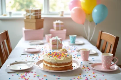 Table d'anniversaire décorée avec confettis colorés, ballons pastels et gâteau maison, style Centrakor et Zoé Confetti
