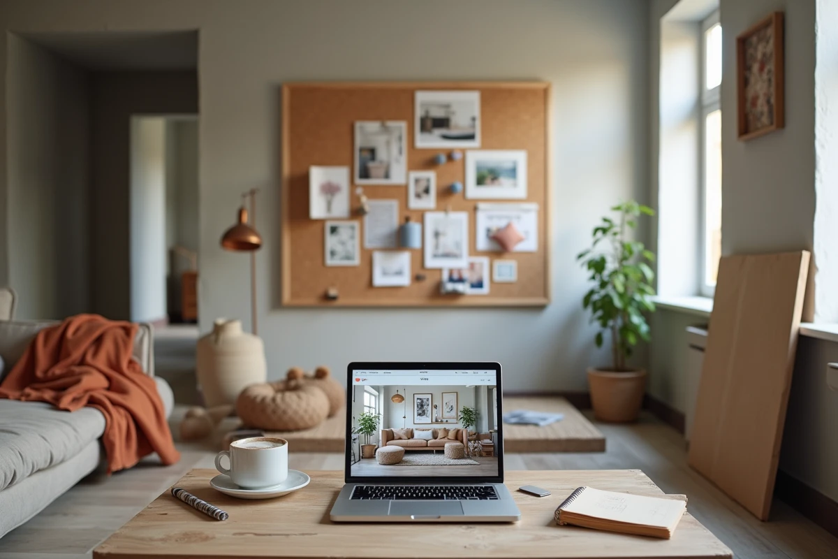 Tableau d'inspiration déco avec planches, échantillons de tissu et plan d'appartement affiché sur un mur de salon en rénovation