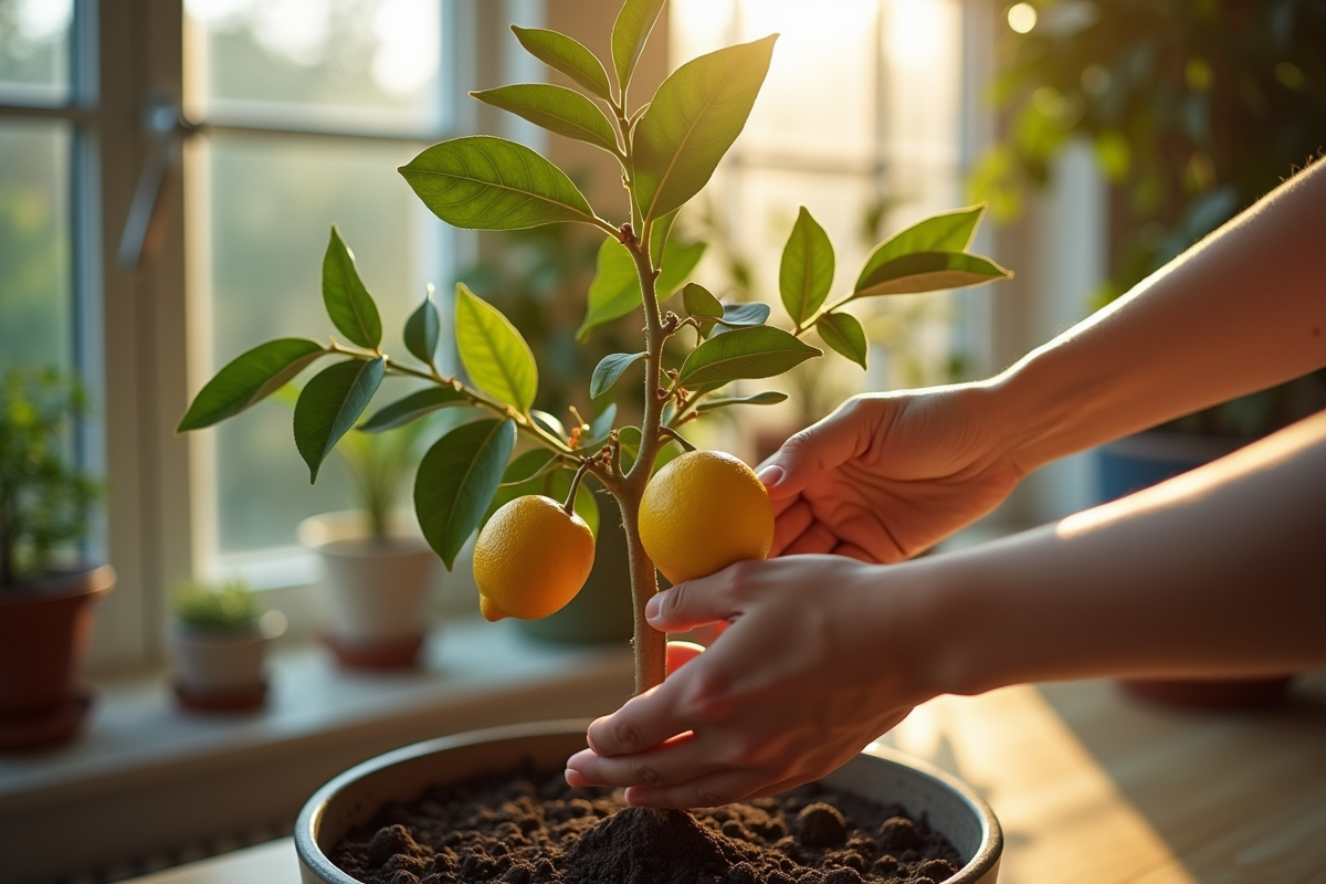 Mains taillant doucement un citronnier en intérieur
