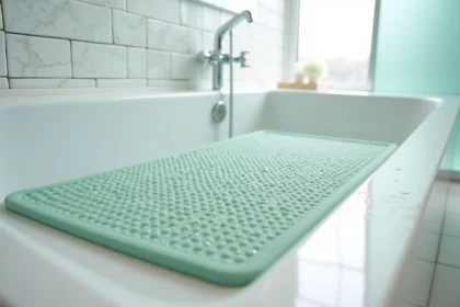 Tapis antidérapant de bain vert sauge taille 50x80cm posé à plat dans une baignoire blanche avec ventouses visibles