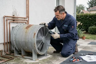 Technicien HVAC inspectant un compresseur de pompe à chaleur Daikin à l'extérieur d'une maison