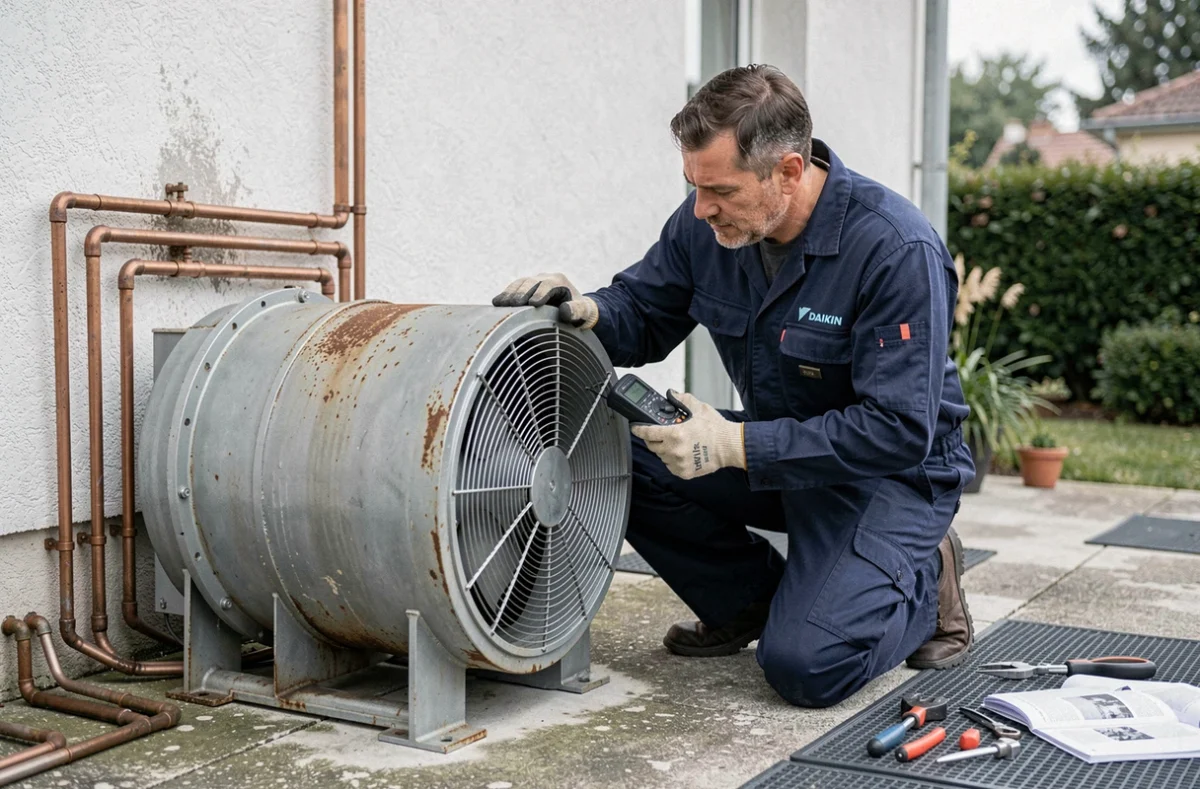 Technicien HVAC inspectant un compresseur de pompe à chaleur Daikin à l'extérieur d'une maison