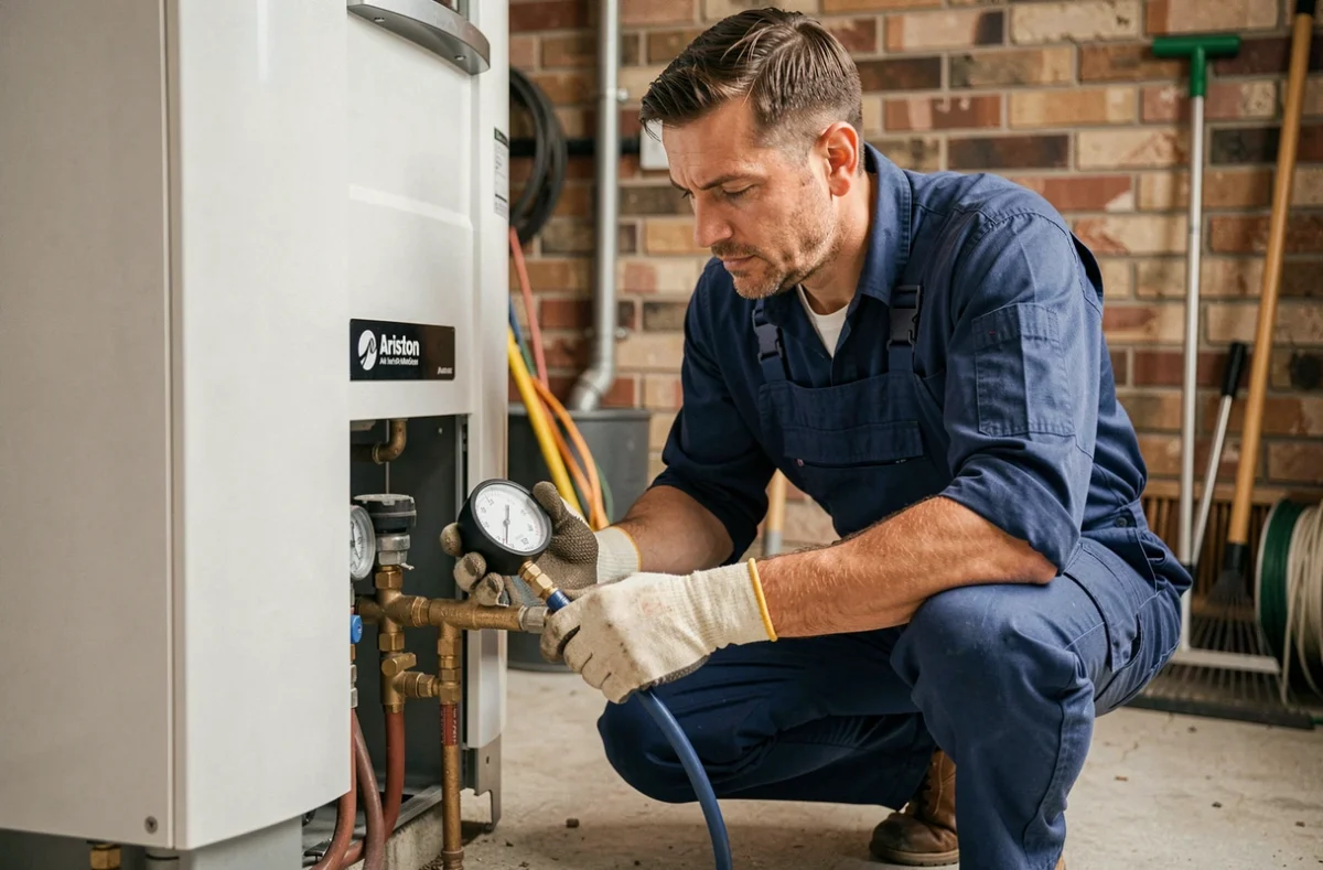 Technicien installant une pompe à chaleur Ariston avec manomètre dans un espace technique résidentiel