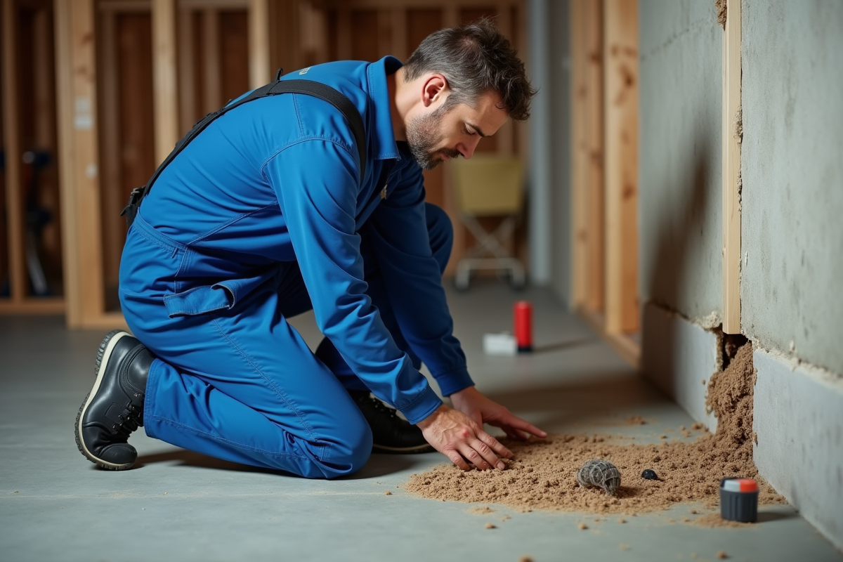 Agent de lutte contre les nuisibles examine isolation endommagée