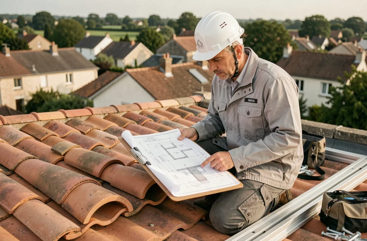 Technicien en installation solaire consultant un plan de fixation de panneaux sur toiture en tuiles romanes
