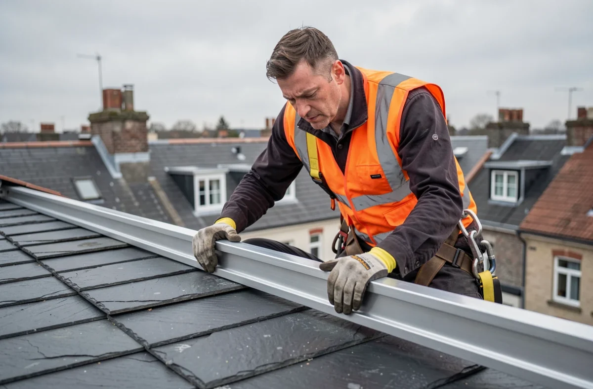 Technicien en train de poser un rail pour panneau solaire sur une toiture en ardoise avec harnais de sécurité et gilet orange