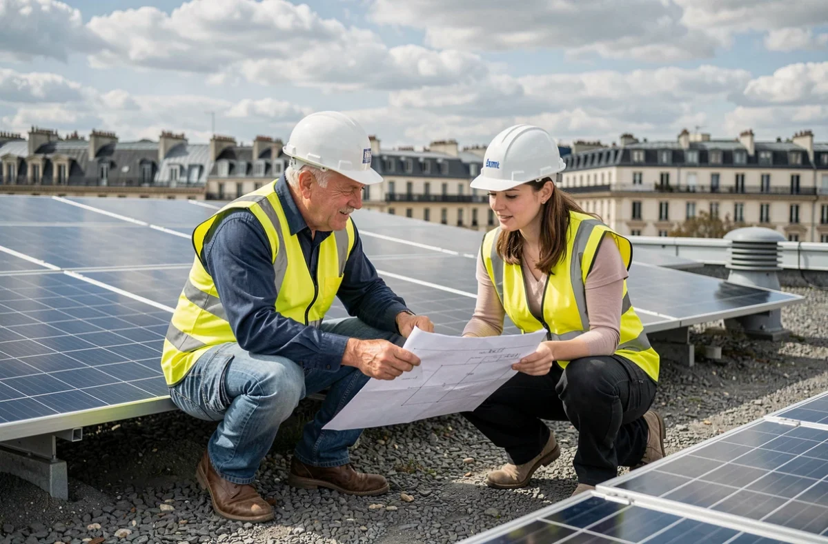 Deux techniciens en installation solaire étudiant des plans techniques sur un toit avec panneaux photovoltaïques et toits parisiens en arrière-plan