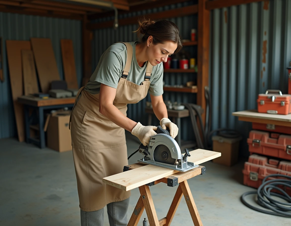 Femme utilisant une scie circulaire Erbauer dans un garage, test pratique d'un outil de la marque Erbauer